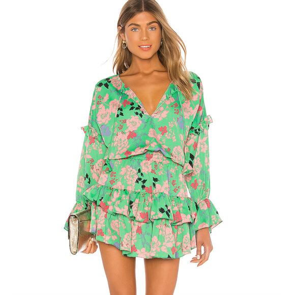 NWT MISA Los Angeles Amalya Dress Small Peony Green Floral Ruffle Mini Smocked - Picture 1 of 7